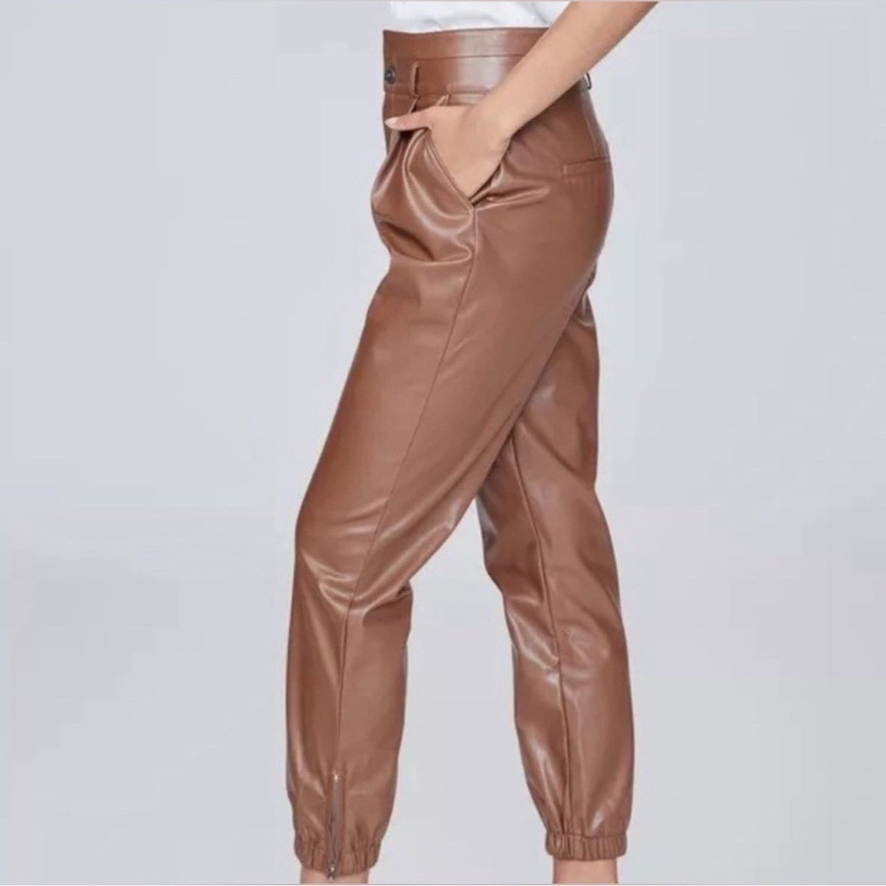 Paige High Rise Pleated Mayslie Jogger Pants, Faux Leather Cognac, Size 10, NEW - Picture 2 of 9